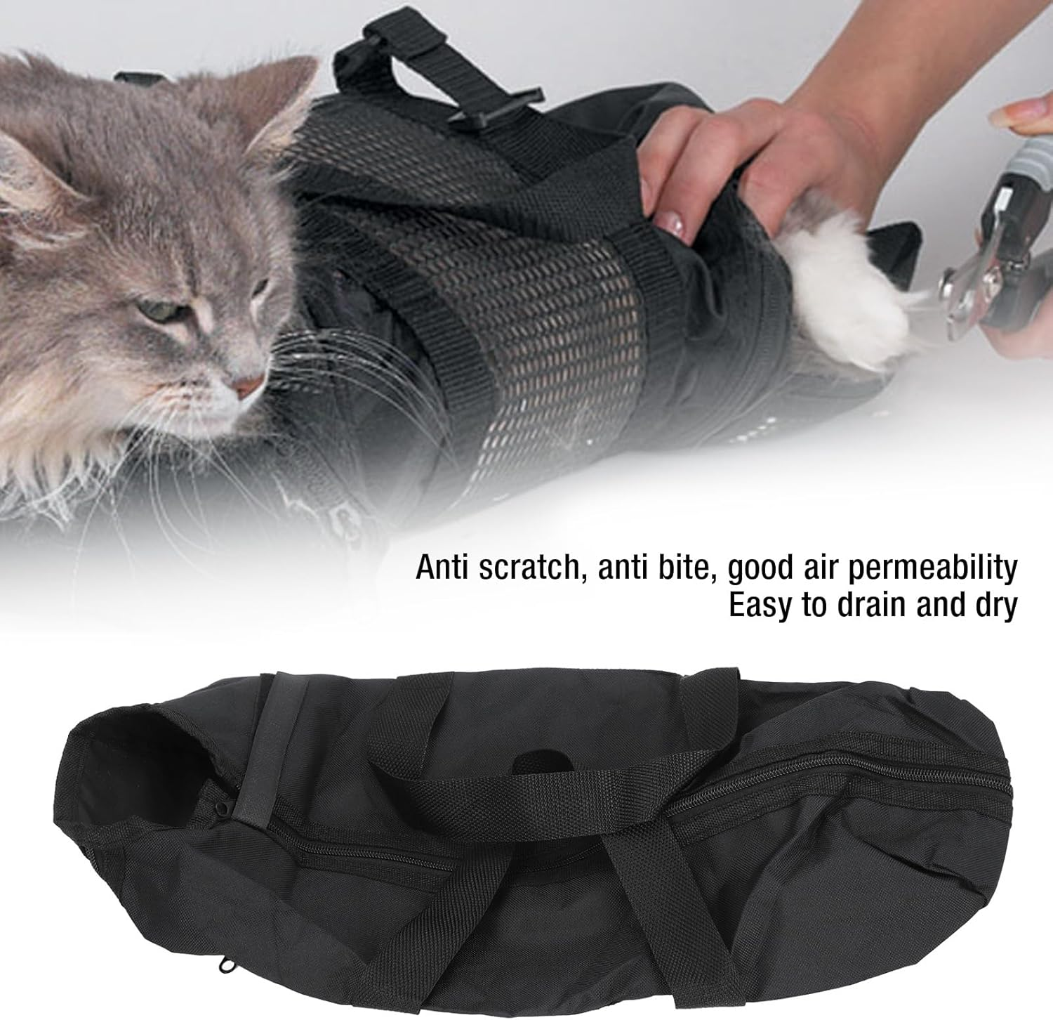 Cat Grooming Bag, Comfortable and Safe Cat Bathing Bag with Easy Access for Nail Trimming and Cleaning, Sturdy Oxford Cloth Cat Restraint Bag (Black) with Multifunctional Use image number 2