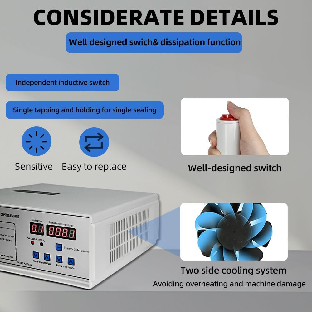 CHAOFLIGHT Induction Sealing Machine, Handheld Electromagnetic Heat Sealer Bottle Cap Diameter 20-85Mm Adjustable Food Sealer Machine for Aluminum Foil for Plastic Bottles Caps (20-85 Mm)