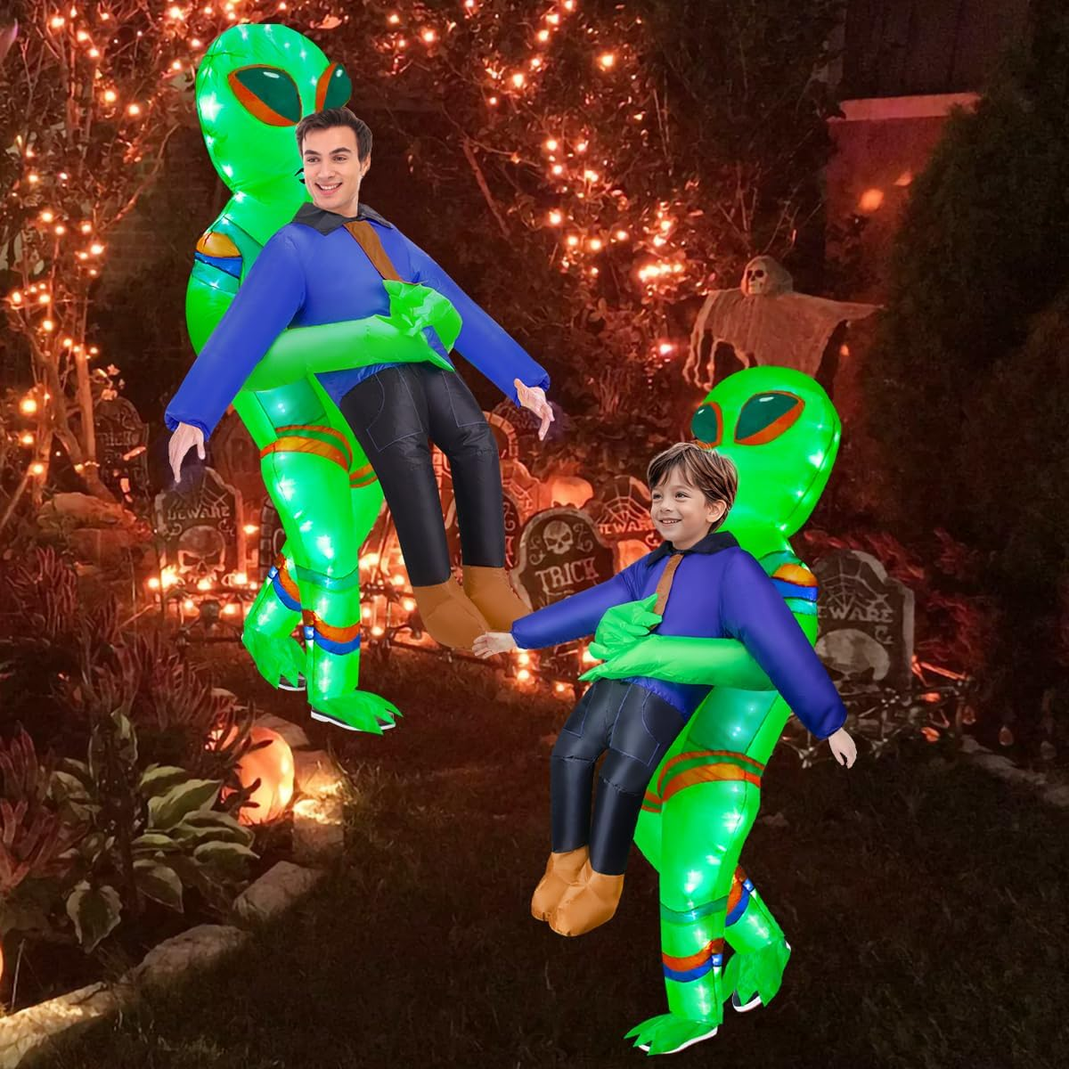 Inflatable Alien Costume for Adult Kids with LED Lights Blow up Lighted Alien Abduction Halloween Costumes Cosplay Party image number 3