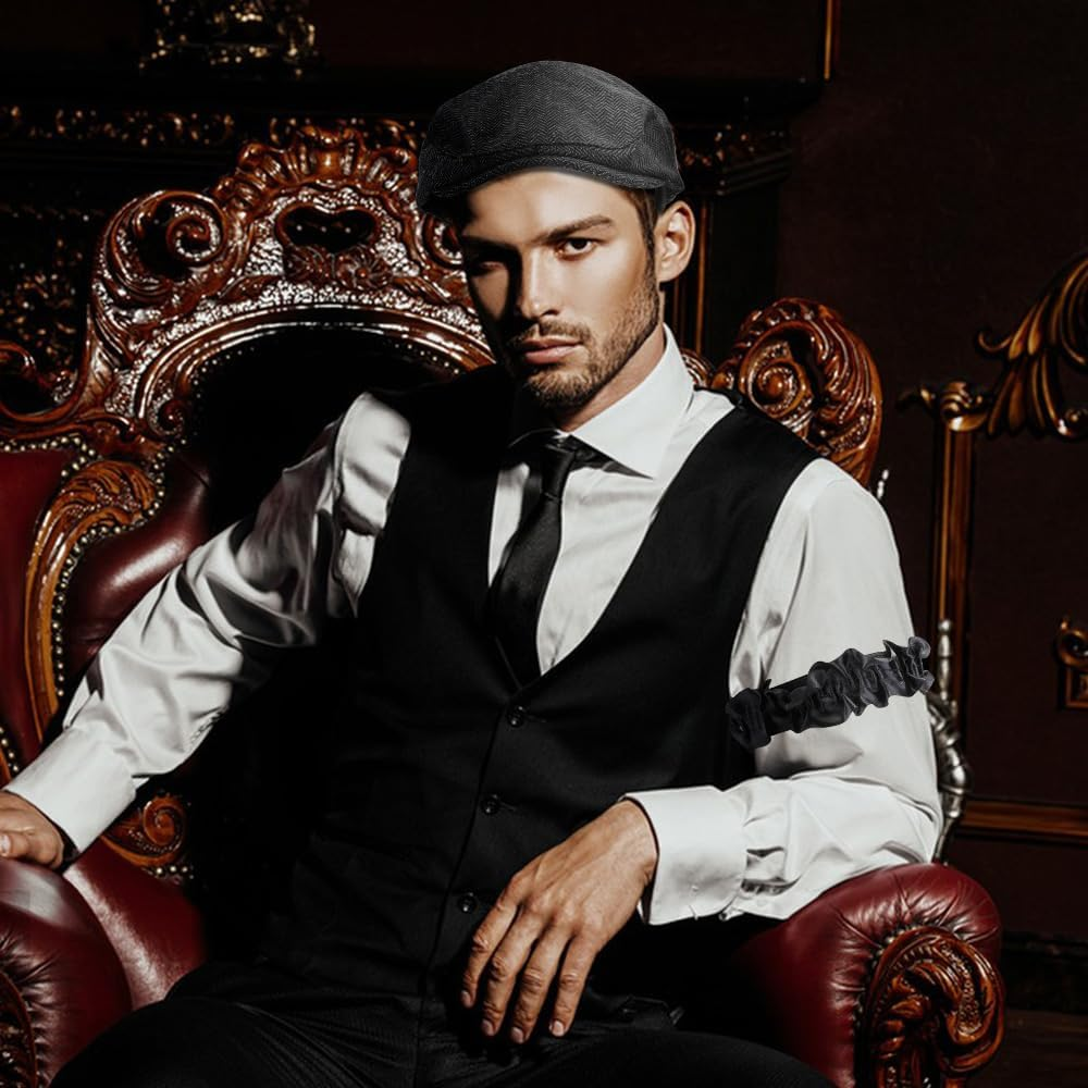 WOTOW 1920S Men&rsquo;S Costumes, Roaring 20S Gatsby Costumes Accessories for Men with Hat Bow Tie Goggles Holder Suspender Mustaches Pocket Watch image number 3