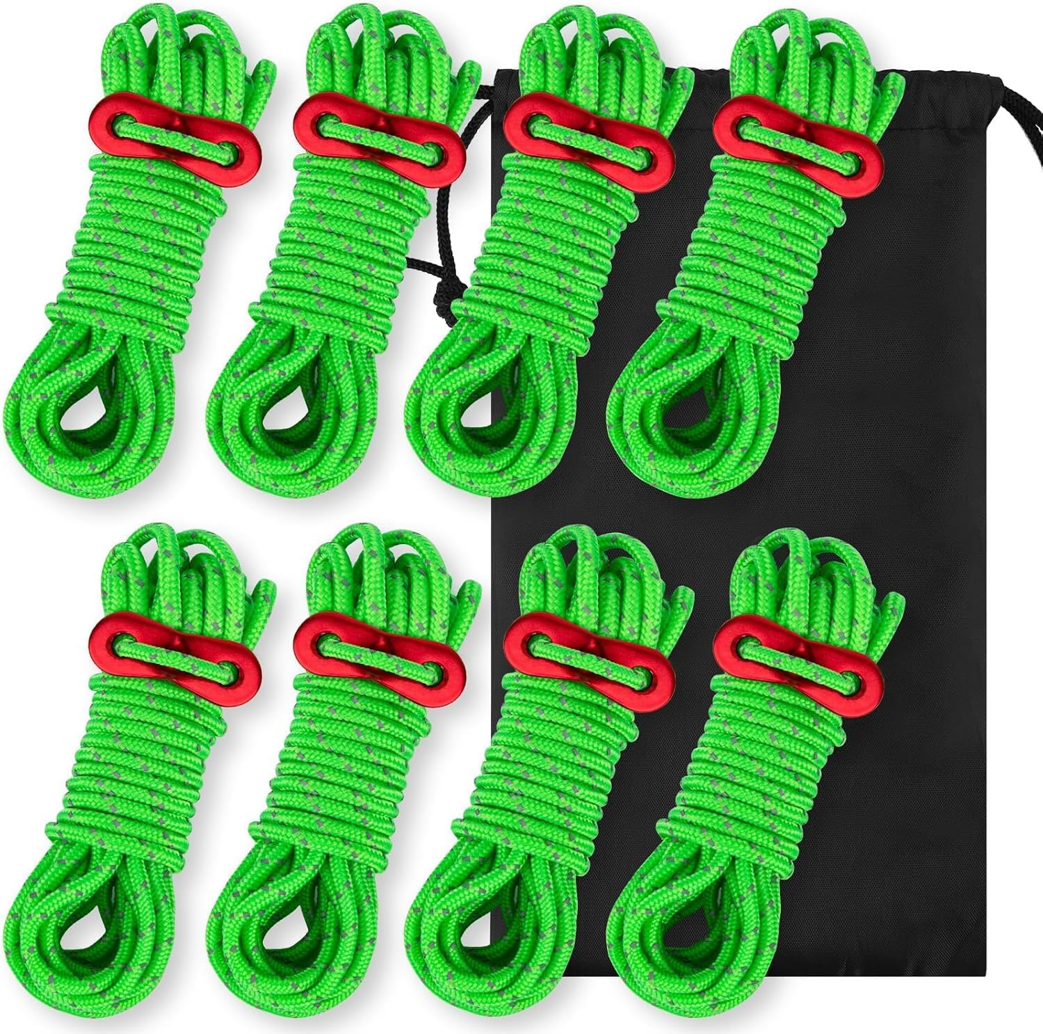 Camping Rope, 8Pcs Tent Guy Ropes Reflective Guy Rope Tent Rope with Aluminium Tensioner, Guide Ropes Tent Guyline Paracord Camping Rope for Tent, Tarp, Outdoor Packaging (4Mm X 4M,Green) image number 3