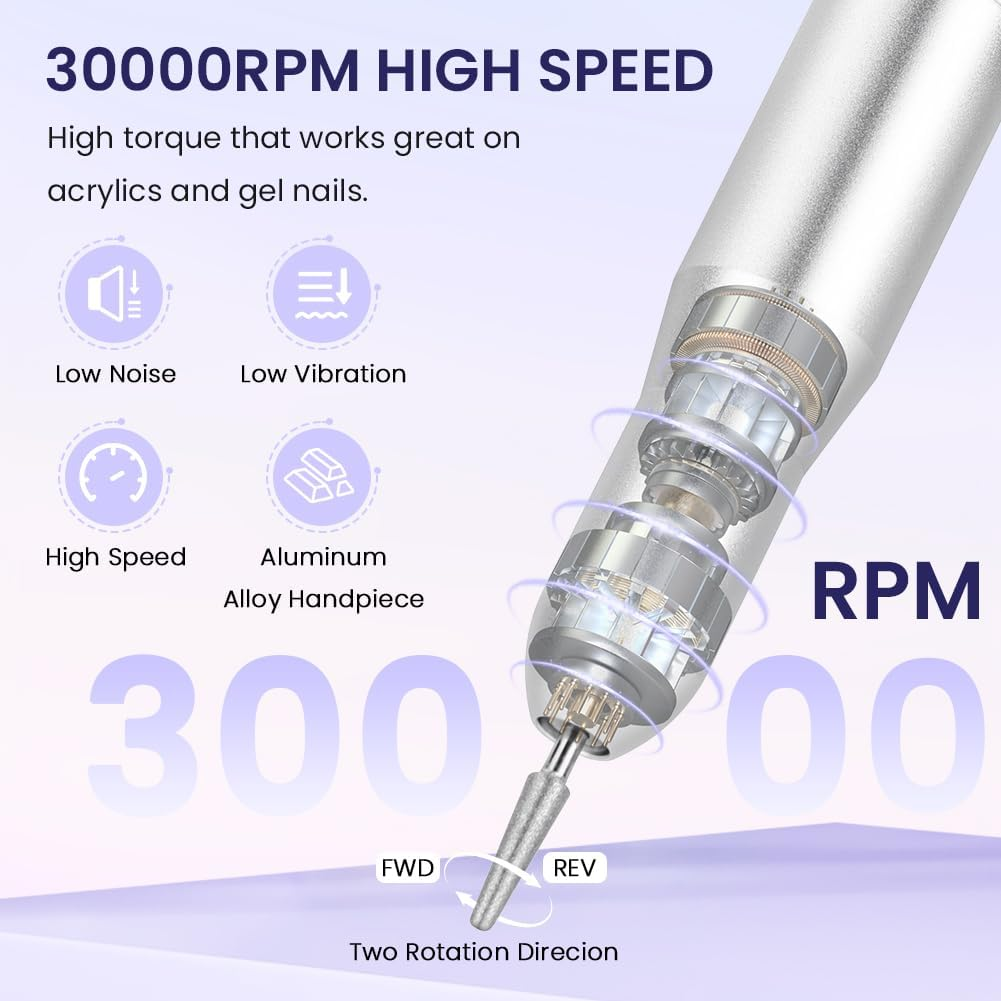 BUTBU Cordless Electric Nail Files, 13 in 1 Professional Rechargeable Electric Nail Drill Machine, 30000 RPM Portable E File Kit, Manicure Pedicure Set with 6 Drill Bits, for Home Salon (White) image number 3