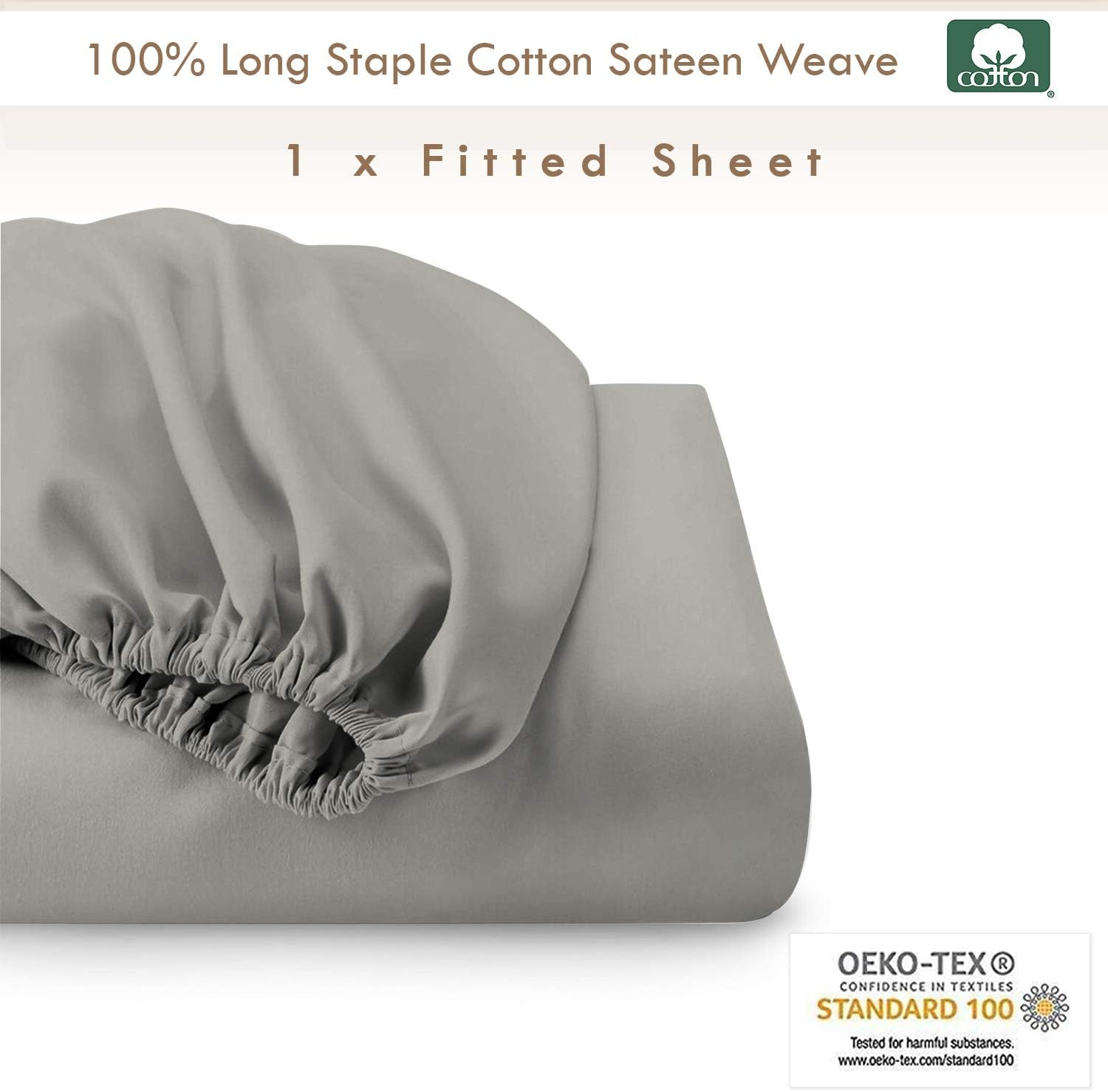 Pizuna Cotton Super King Fitted Sheet, 500 Thread Count 100% Combed Cotton Sateen Weave Superking Fitted Sheet with Extra Deep Pocket Fits Upto 40 Cm (Antique Silver Fitted Sheet - 1 PC)