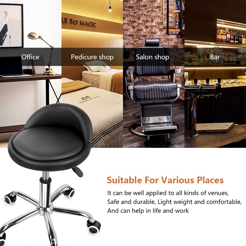 PU Leather round Rolling Stool with Back Rest Height Adjustable Swivel Drafting Work SPA Medical Task Chair with Wheels Black image number 2