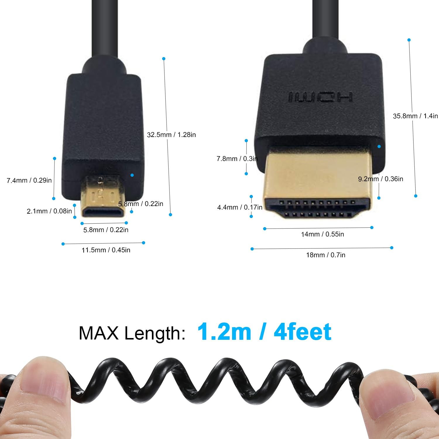 Duttek HDMI to Micro HDMI Cable, Extreme Slim and Flexible Micro HDMI Male to HDMI Male Cable Support 1080P, 4K, 3D for Gopro Hero 8/7 Black,Sony A6500/A7,Canon Camera,Etc (1.2M/4FT) image number 3