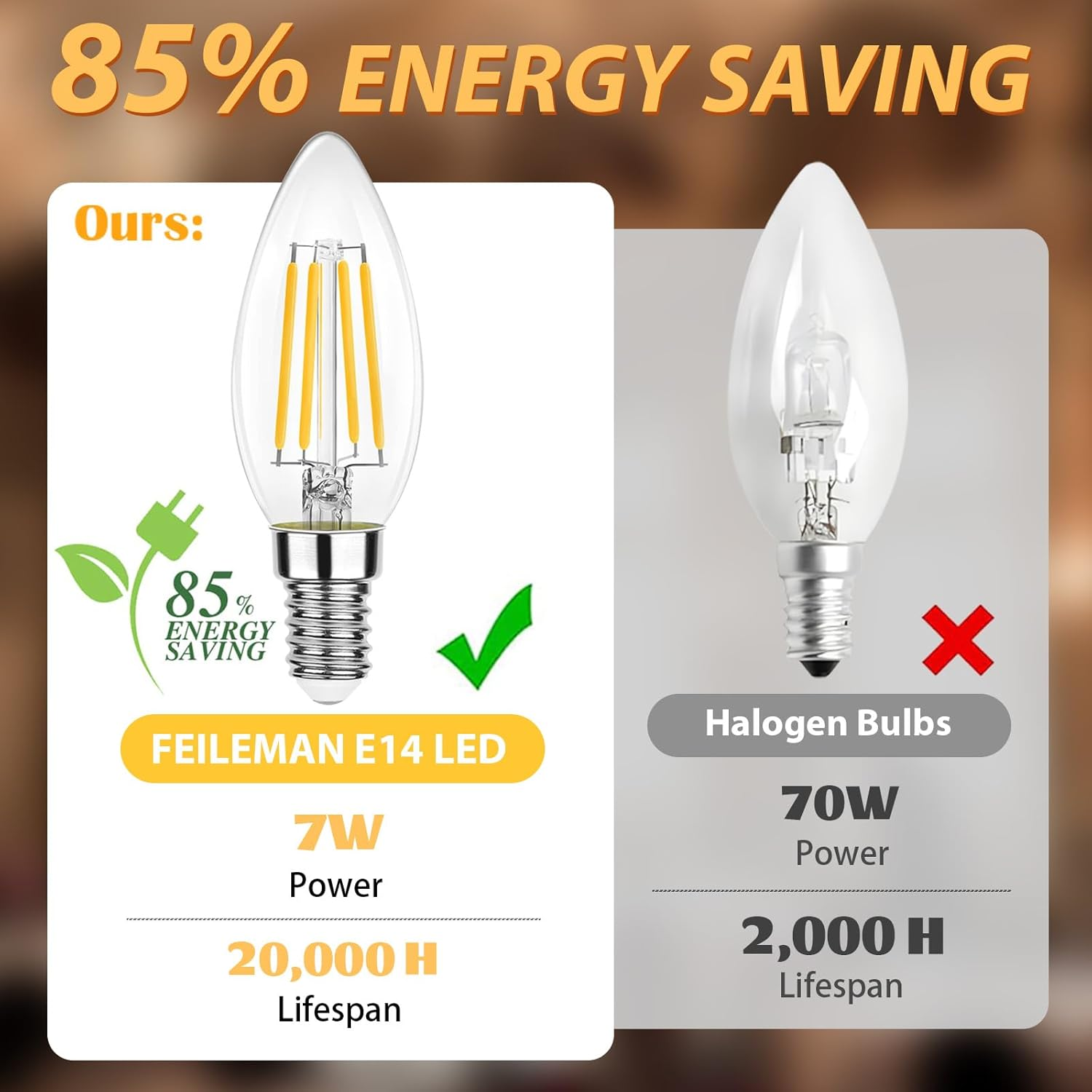 FEILEMAN E14 LED Light Bulbs 7W, Small Edison Screw Candle Bulb for Chandeliers, Super Bright 1055LM 3000K, Replaces 70W Halogen Bulbs, Classic Filament, Non-Dimmable, 6-Pack image number 1