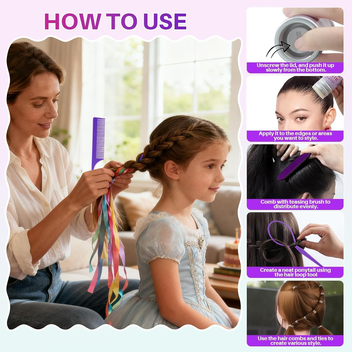 Start Makers Hair Wax Stick, Slick Back Hair Brush Kit, Hair Styling Stick for Flyaways, Edge Control Lasting Hold, Slick Back Brush for Smooth Edge, Tame Frizz Comb Style, Styling Set for Women Girls (11 Pcs) image number 4