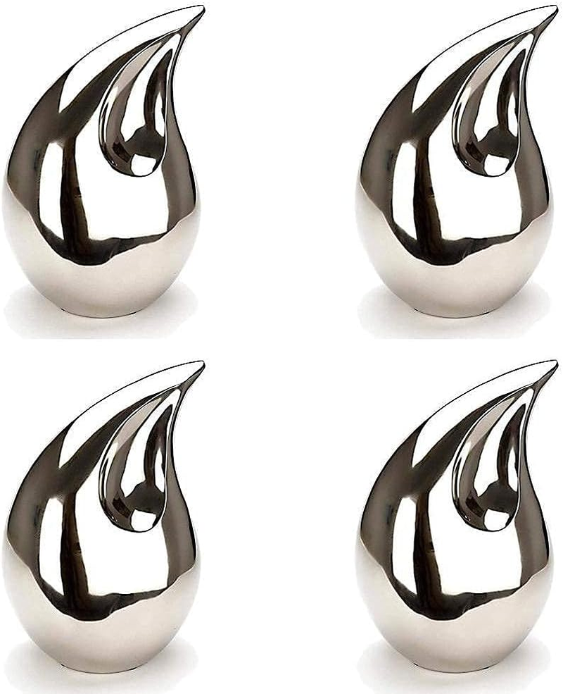 Set of 4 Unique Silver Teardrop Small Cremation Urns for Human Ashes Adult for Both Male and Female Keepsakes Mini Funeral Containers for Token Ashes with Velvet Bags 3 Inch Size