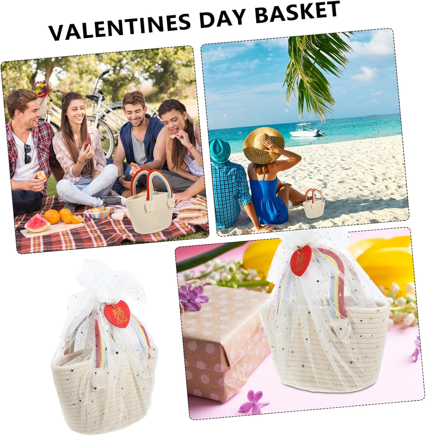 SHOWERORO Rainbow Cloud Woven Handbag Cotton Storage Basket for Snacks Beach Vacations Lightweight Practical Design with Vibrant Handles for Valentine Day Present Baskets image number 1