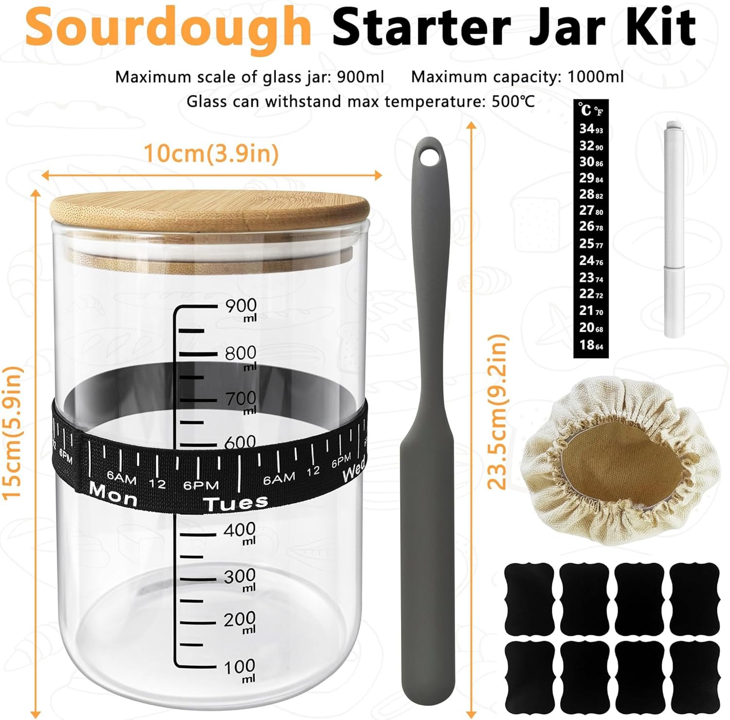 Sourdough Starter Jar Kit 900Ml, 30Oz Sourdough Starter Kit, Heat Resistant Glass Container, Scale Thermometer Strip Spatula Level Band Cloth Cover Lable Pen image number 5