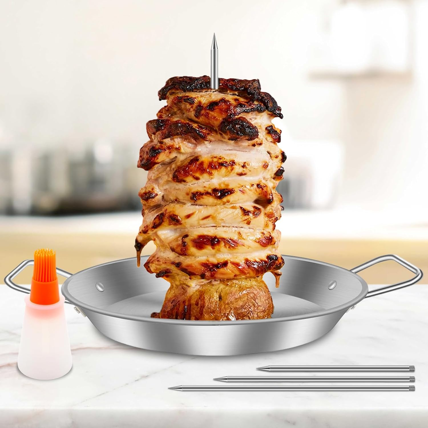 HSHGZSR Stainless Steel Brazilian Vertical Spit Stand Vertical Skewer Skewer for Grill Vertical Skewer Stand with 3 Removable Spikes 8/10/12 Inch and Oil Brush for Tacos Kebabs image number 4