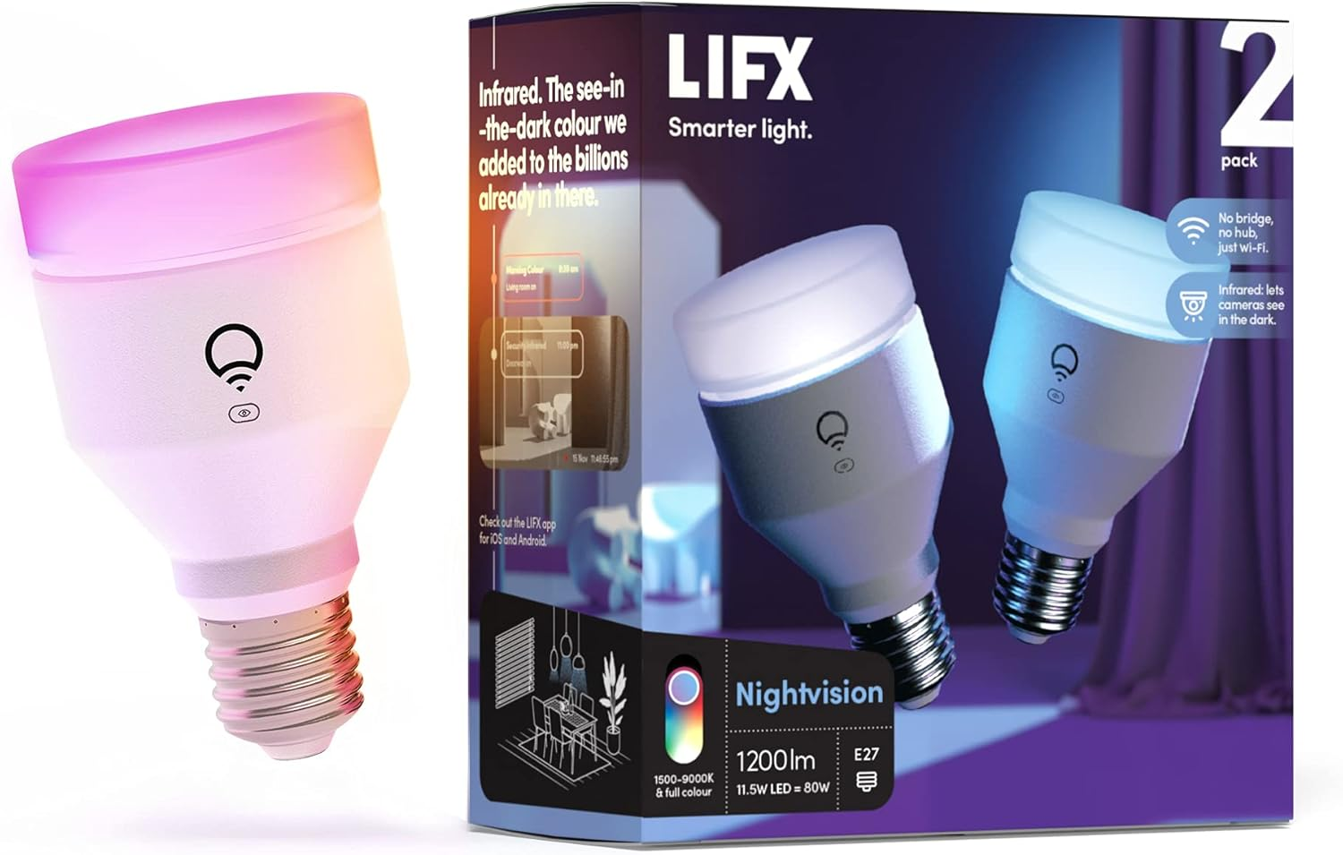 LIFX Nightvision A60 1200 Lumens [B22 Bayonet Cap], Full Colour with Infrared, Wi-Fi Smart LED Light Bulb, No Bridge Required, Compatible with Alexa, Hey Google, Homekit and Siri. image number 1