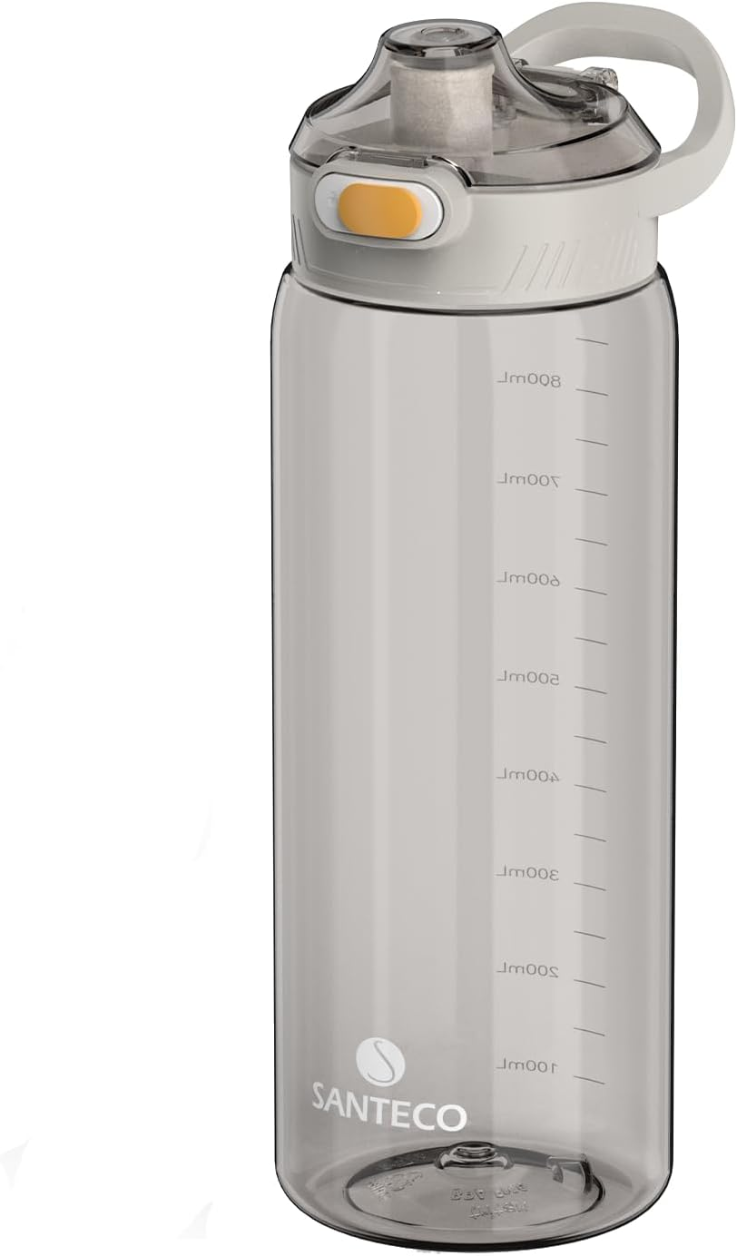 SANTECO 1L Water Bottle BPA Free - Lightweight Sports Bottle with Handle, Leak Proof, Easy Clean, Good for Gym Hiking Travel (Light Grey, 1000Ml)