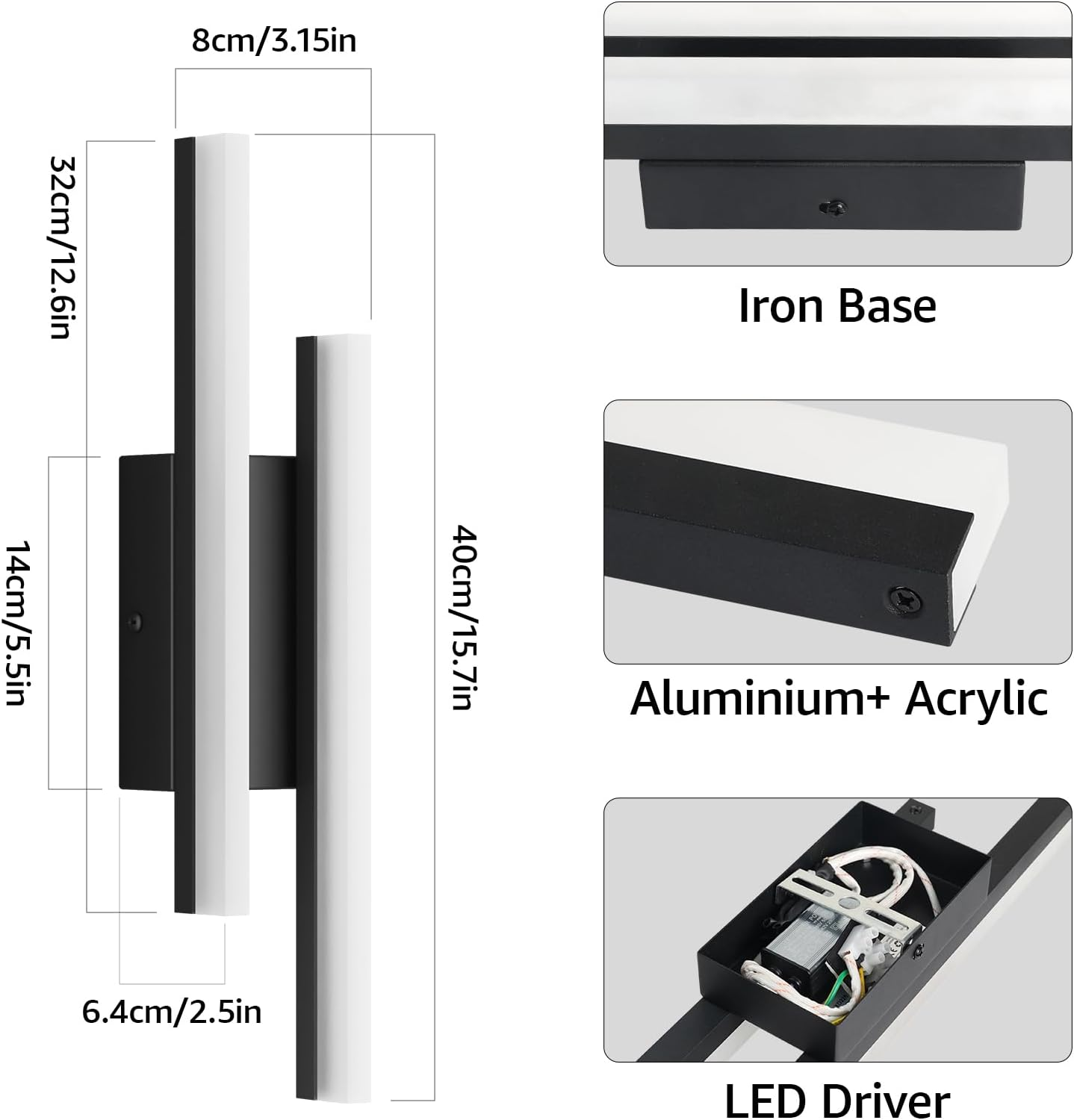 Klighten Mordern LED Wall Light 40 Cm, 12 W 850 LM Decorative Interior Light for Hallway, Bedroom, Living Room, Stairs, Warm White 3000K, Black image number 6