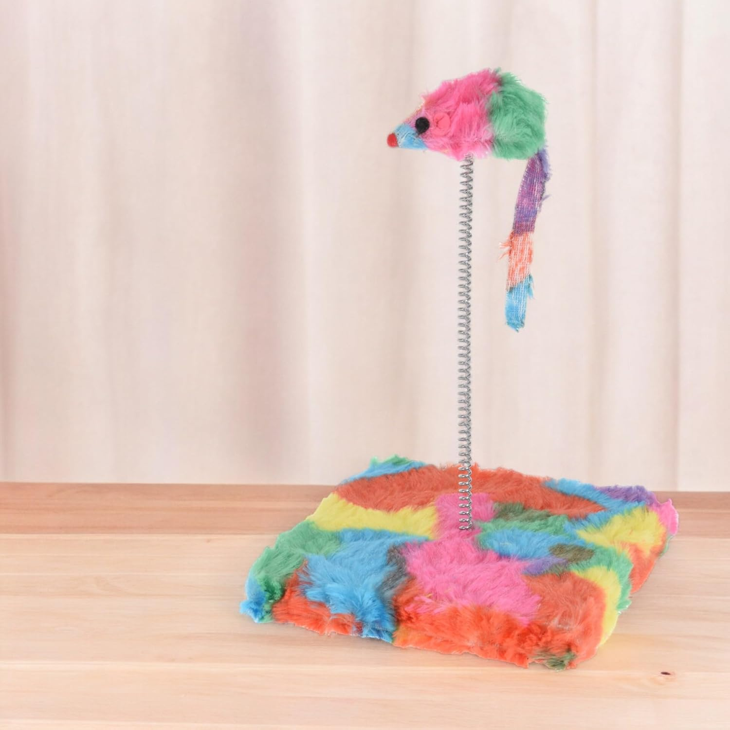 MIJOMA Colourful Toy Mouse on Spiral - Promotes Activity & Hunting Instinct of Your Cat, Cat Toy with Wood Base Plate & Plush, 20 Cm Spiral Spring, 15 X 15 Cm (Rainbow Colours) image number 3