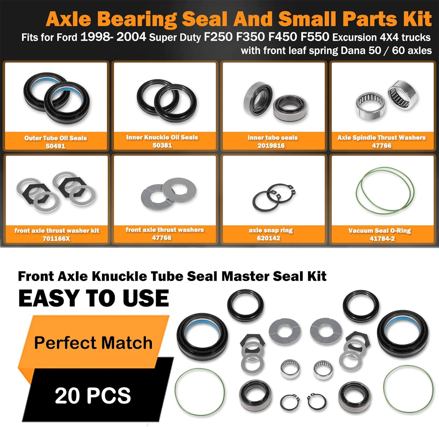 Axle Bearing Seal and Small Parts Kit for Ford 1998 1999 2000 2001 2002 2003 2004 F250 F350 Super Duty Excursion Dana50 60 Front Axle Knuckle Tube, Front Oil Seal Set with Leaf Spring Front Suspension image number 2