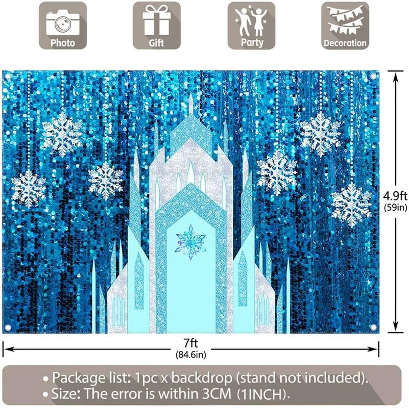 ZTHMOE 7X5Ft Fabric Ice Snow Castle Backdrop Girl Birthday Party Princess Decoration Cake Table Banner Snowflake Curtain (No Glitter No Sequin) Winter Photo Prop image number 6