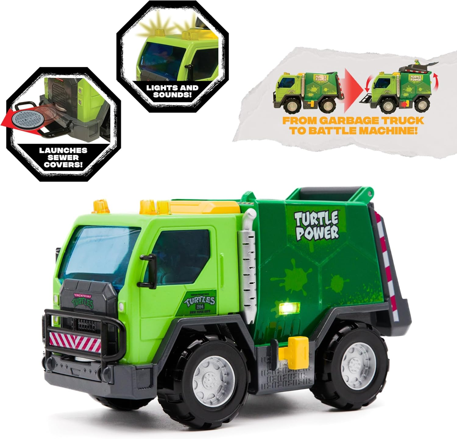 Teenage Mutant Ninja Turtles Thrash N' Battle Garbage Truck with Lights & Sounds, Characters & Sewer Cap Launching, Ages 3+ image number 6