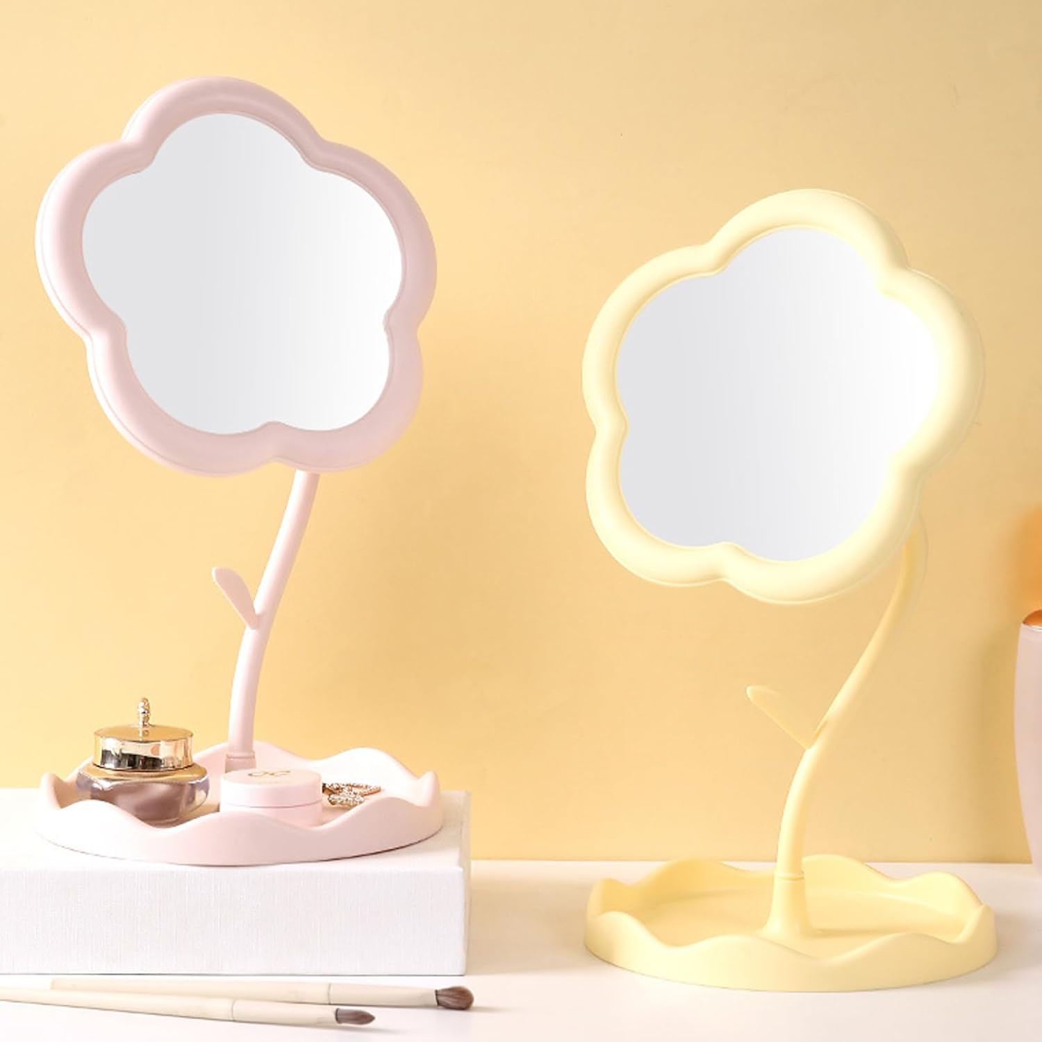 Taoluwin Tabletop Vanity Mirror, 360&deg; Adjustable Makeup Mirror with Storage Tray, Thickened PP Portable Mirror for Bedroom Living Room and Makeup Desk (Yellow) image number 3