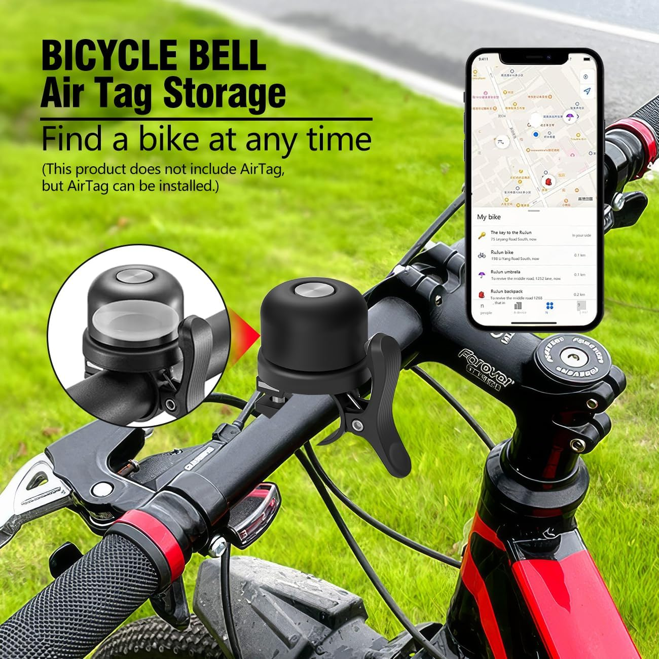Airtag Bike Bell,Hidden Bicycle Brass Bell,Waterproof Anti-Theft Anti-Corrosion for 22.2Mm Handlebar,Bicycle Bell with Loud Sound,Cycling Equipment the Cyclists Black(Airtag Not Included)