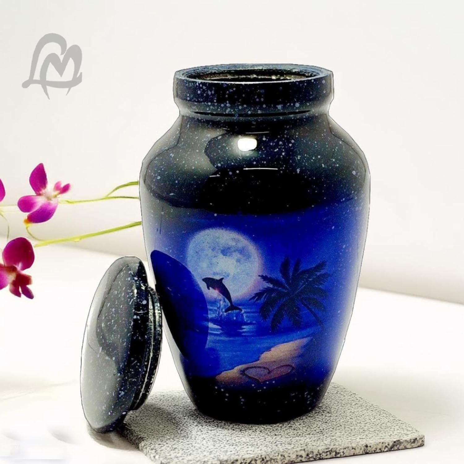 Keepsake Urn - Moon Dolphin with Moon Keepsake Cremation Urn for Human Ashes, Black Blue Aluminium, 3 Cu.In
