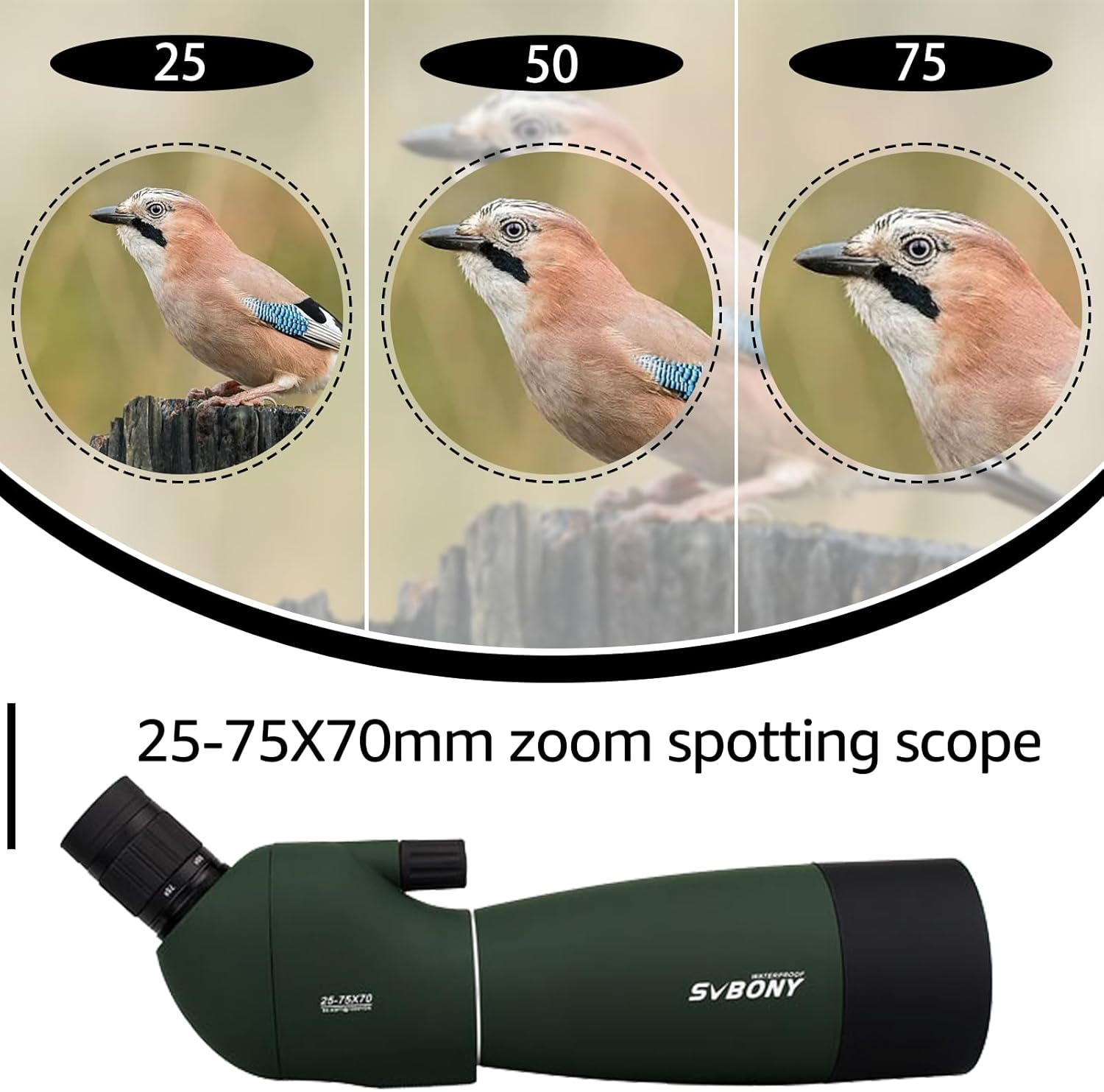 SVBONY SV28 25-75X70Mm Spotting Scope Telescope, Bak4 Prism, Spotter Scope for Target Bird Watching with Tabletop Tripod image number 5