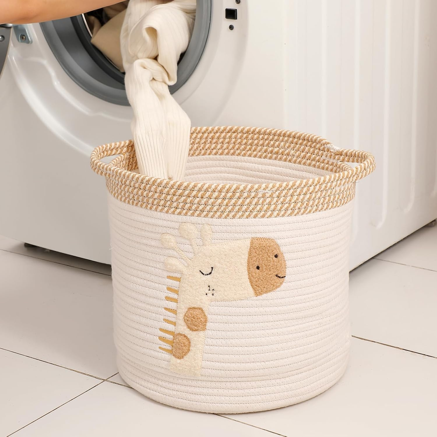 Inough Toy Storage Baskets Woven Cotton Rope Storage Basket for Kids, Blanket Baskets for Living Room Toys Organizer with Embroidery Decor, Cute Baskets with Handle for Nursery, Playroom (Giraffe) image number 5