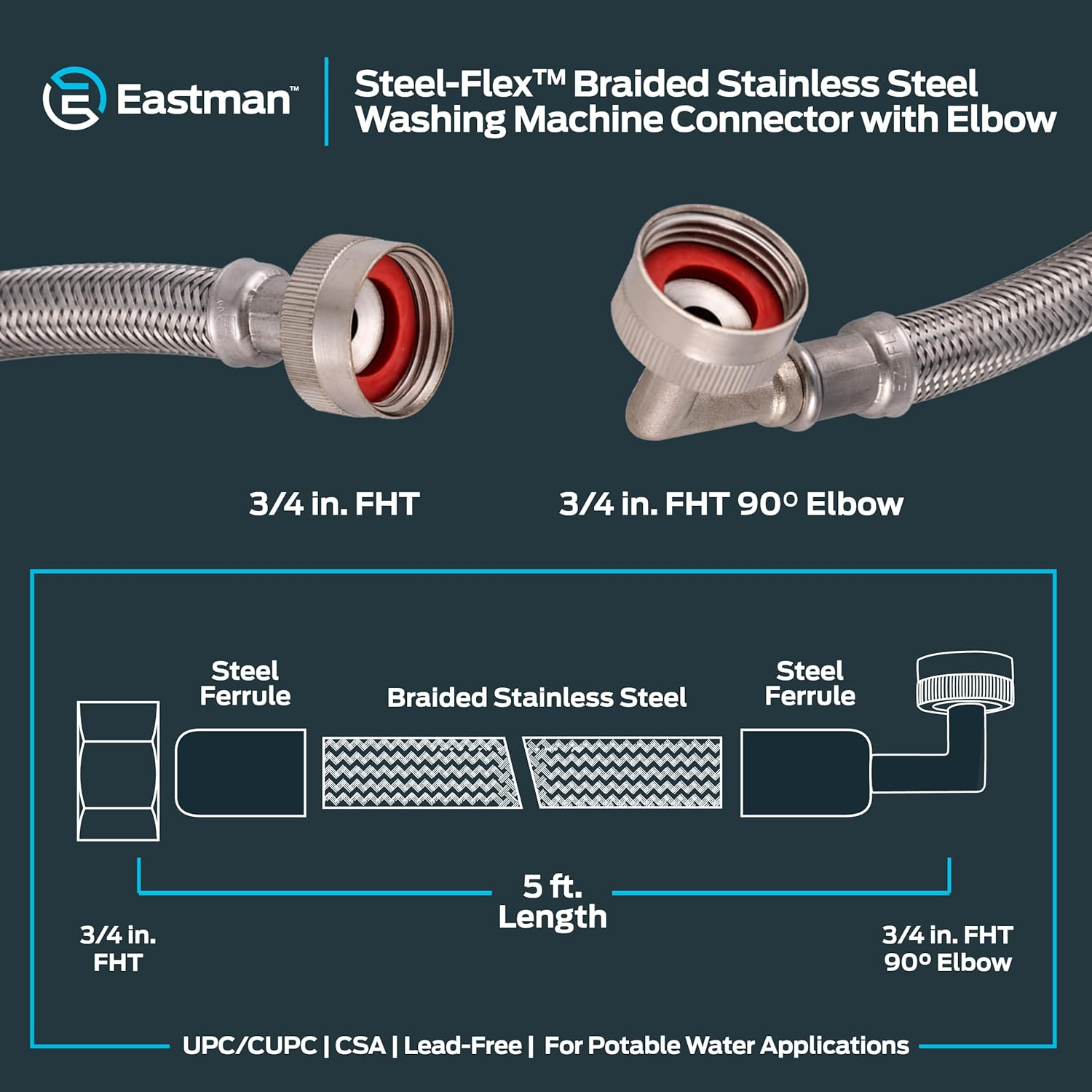 EZ-FLO 48374 Eastman Washing Machine Hose with 90-Degree Elbow, 3/4-Inch X 3/4-Inch
