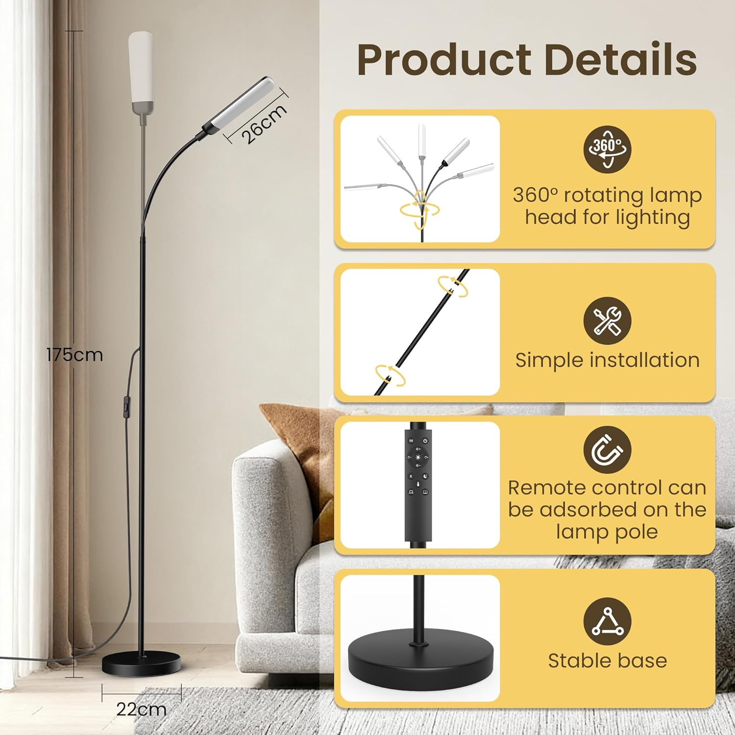 LED Floor Lamp, 1300Lm Standing Lamp with 4 Scene Modes, 175Cm Conner Lamp with Stepless Dimming/Color Temperature, 360&deg;Rotatable Neck Floor Lamps for Living Room, Office, Reading, Bedroom image number 6