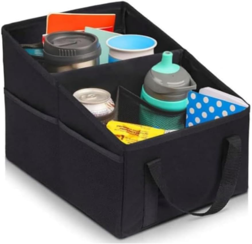 Goxfaca Passenger Seat Organize, Collapsible Small Car Seat Storage Organizer for Console Front or Back, Automotive Backseat Organizer with Belt 4 Cup Holders for Kids Accessories Drinks image number 2