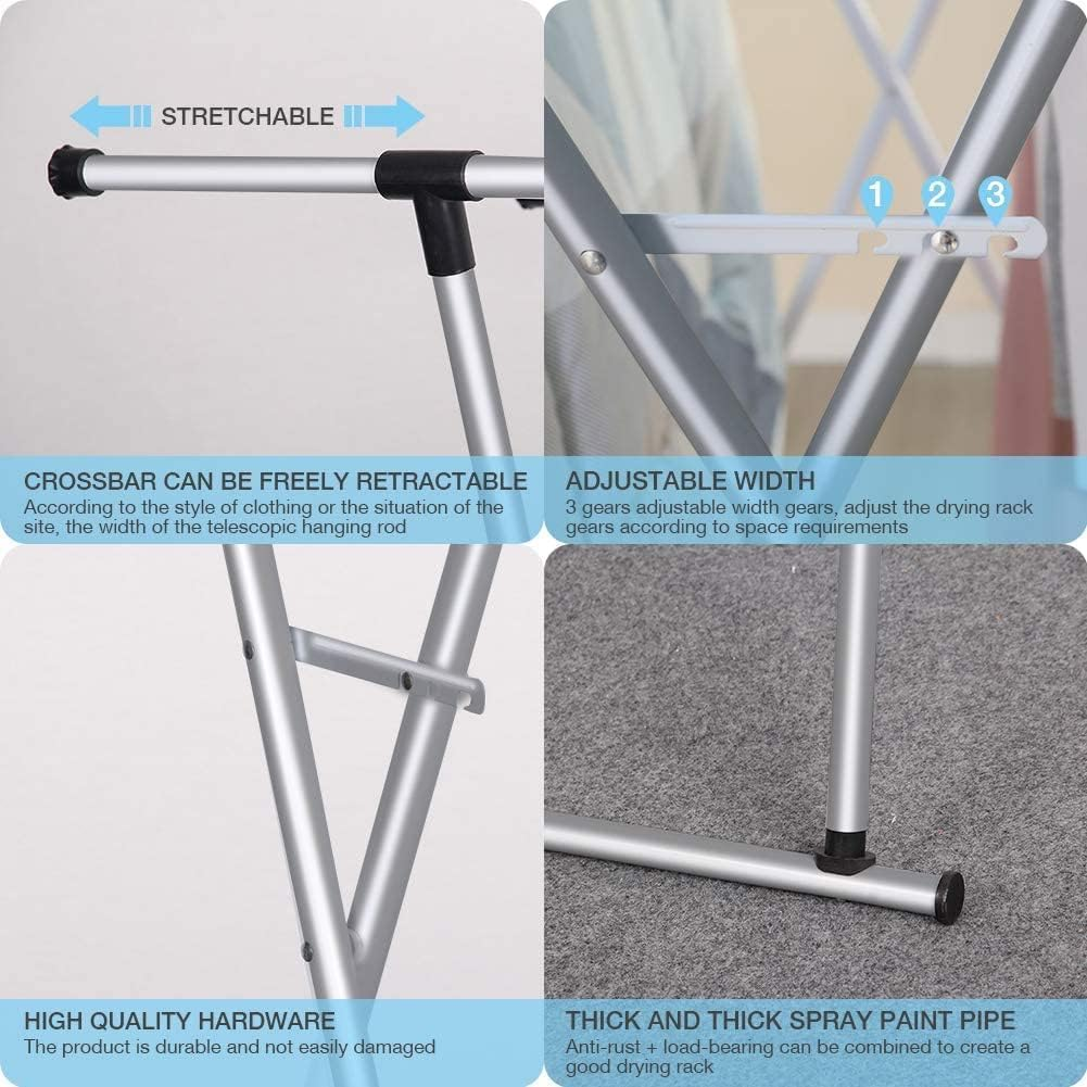 Forthcan Clothes Drying Rack Laundry Drying Racks Double Rail Adjustable Telescopic Folding Space Saving Drying Rack Multi-Functional Clothing Rack for Bedroom Living Room Laundry, Sliver