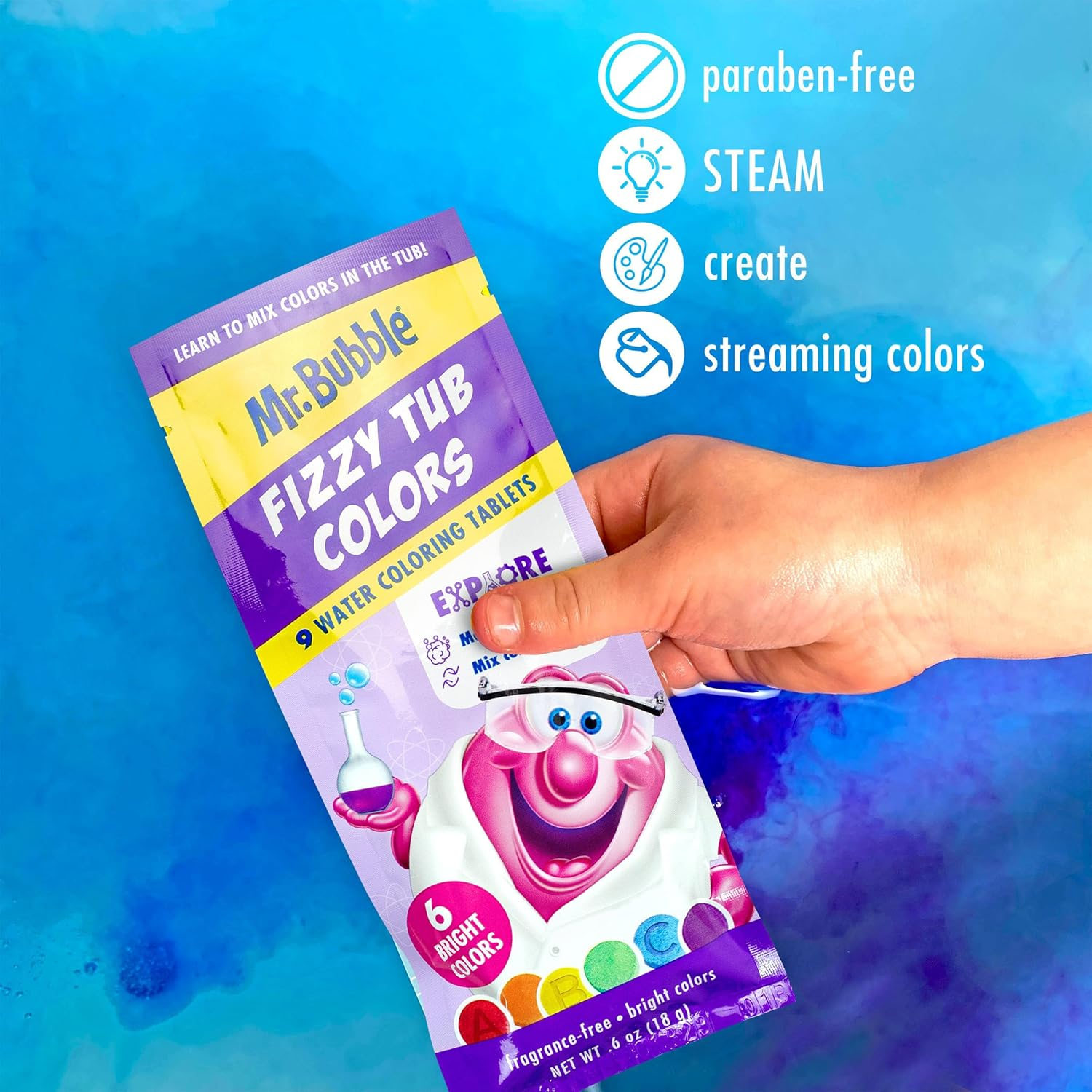 Mr. Bubble Fizzy Tub Colors, Assorted Bathwater Colors 9 Ct, 4 Pack image number 1