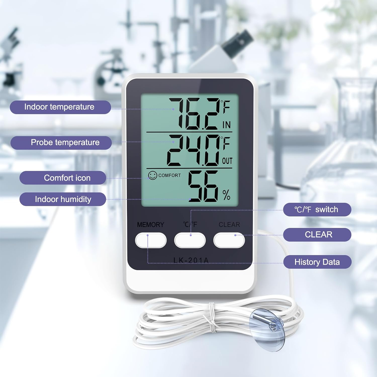 OQIMAX Digital Fridge Thermometer, Refrigerator and Freezer Thermometer with Probe, Indoor Thermometer Hygrometer with Min/Max Record, ℃/℉ Switch, Comfort Icon, Room Thermometer for Fridge, Aquarium image number 3