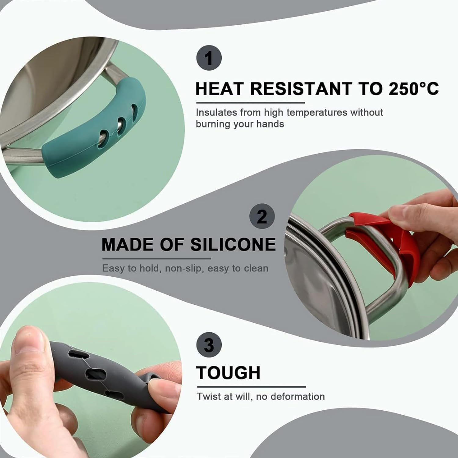 6Pcs Silicone Assist Handle Holder Grip,Non Slip Pot Grip Handle Sleeve,Non-Slip Pot Handle Covers, for Frying Cast Iron Skillet Metal Pan (3 Colors) image number 3