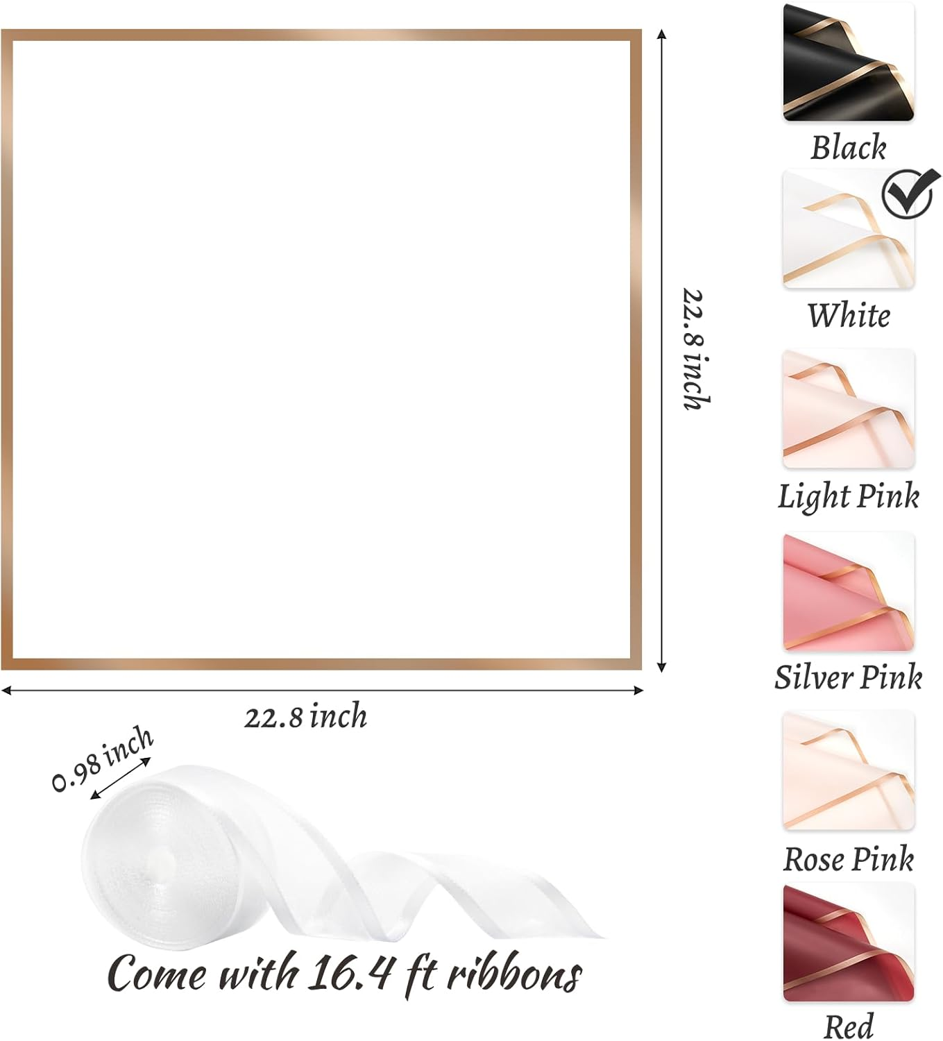 ZORRITA 20 Sheets White Flower Wrapping Paper with Rose Gold Edge, 22.8 X 22.8 Inch, Waterproof, Ideal for Floral Arrangements, Gift Wrapping, Party Decorations image number 4