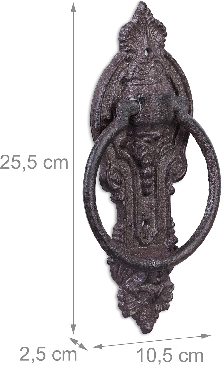 Relaxdays Antique Knocker, Cast Iron, Embellished Knocking Ring, for Front Door, Hxwxd: 25.5 X 10.5 X 2.5 Cm, Brown,10029005 image number 3