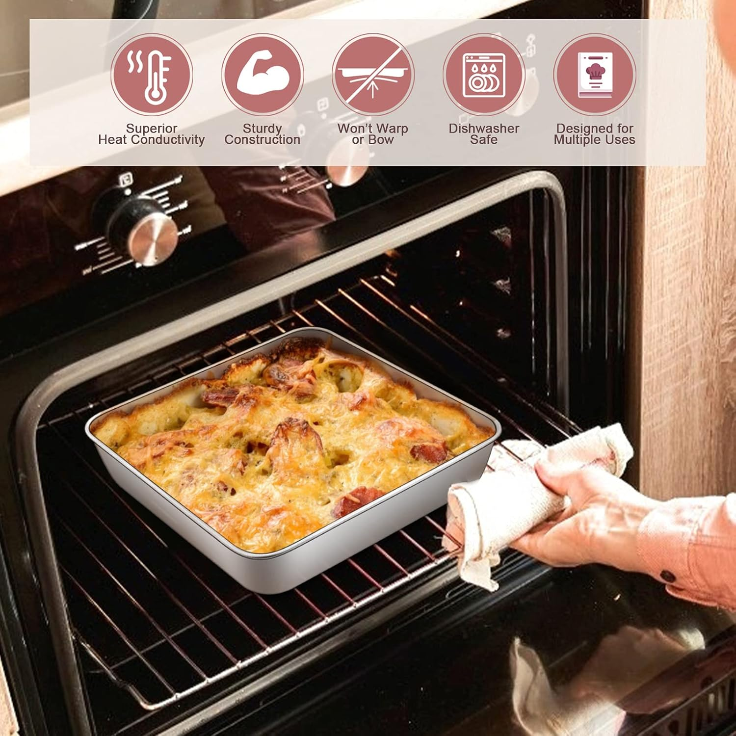 E-Far 6/8/9-Inch Square Cake Pan with Lid Set, Square Baking Brownie Pans Stainless Steel Bakeware Set of 3, Non-Toxic & Healthy, Easy Clean & Dishwasher Safe - 6 Pieces(3 Pans + 3 Covers) image number 2