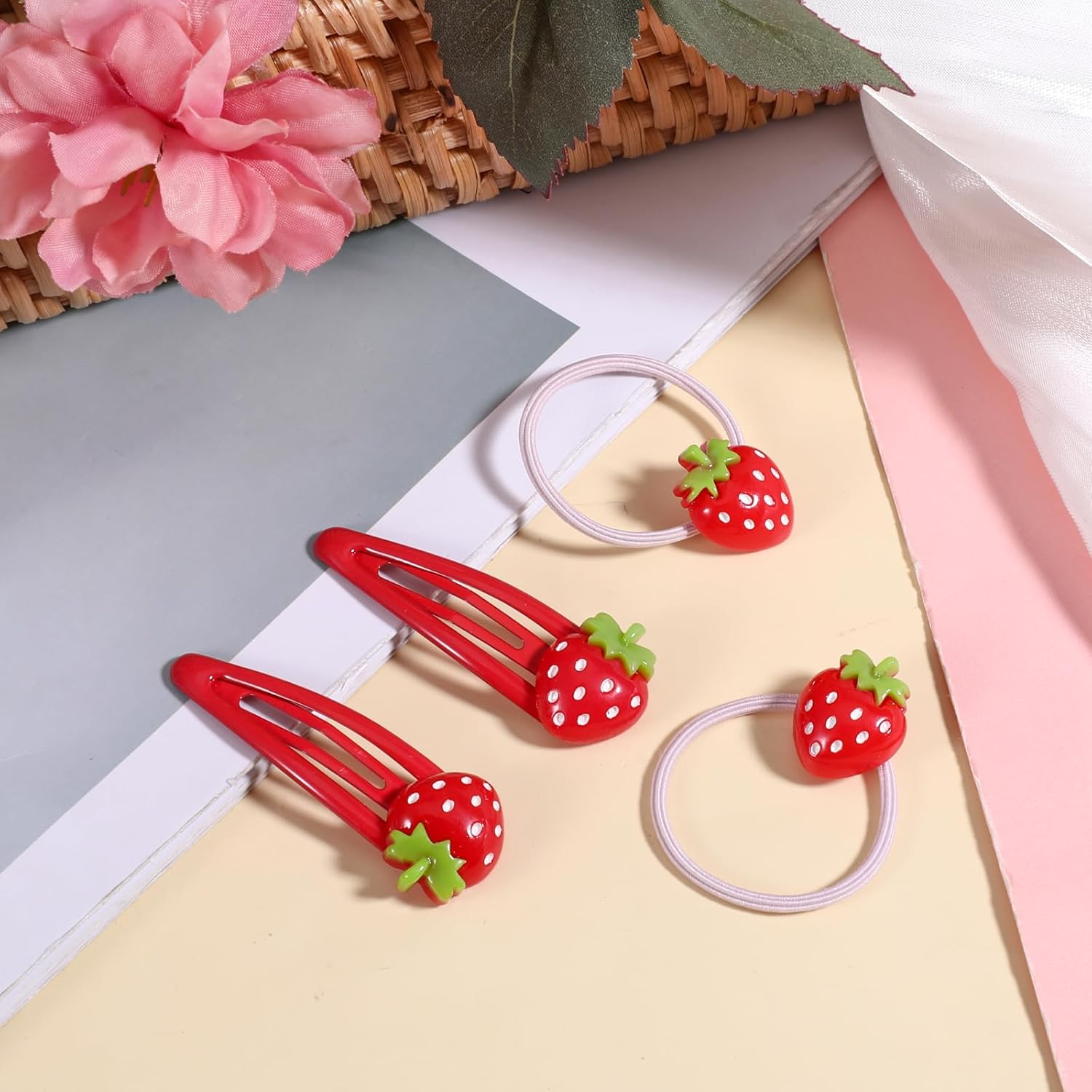 4 Pcs Strawberry Hair Clip and Hair Ties Set, Red Metal Snap Hair Clips Sweet Fruit Hair Barrettes Cute Strawberry Hair Accessories for Girls Toddlers Kids and Teens Gifts image number 6