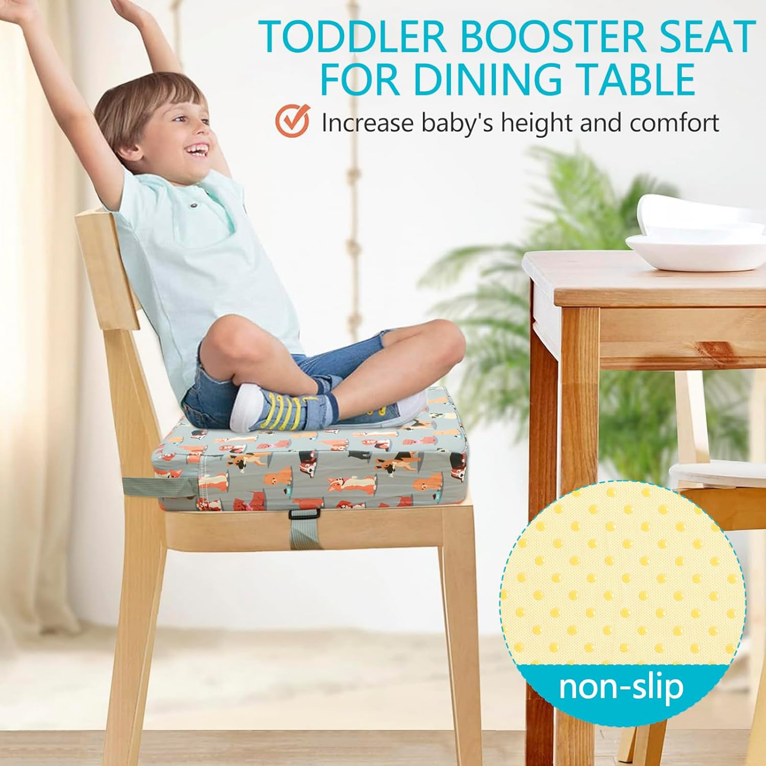 Toddler Booster Seat Dining, Kid Booster Seat for Dining Chair, Chair Booster Seat Pad Cushion with Adjustable Safety Belt and Fastening Strap Non Slip Kids Booster Seat for Dinner Table (Dog) image number 5
