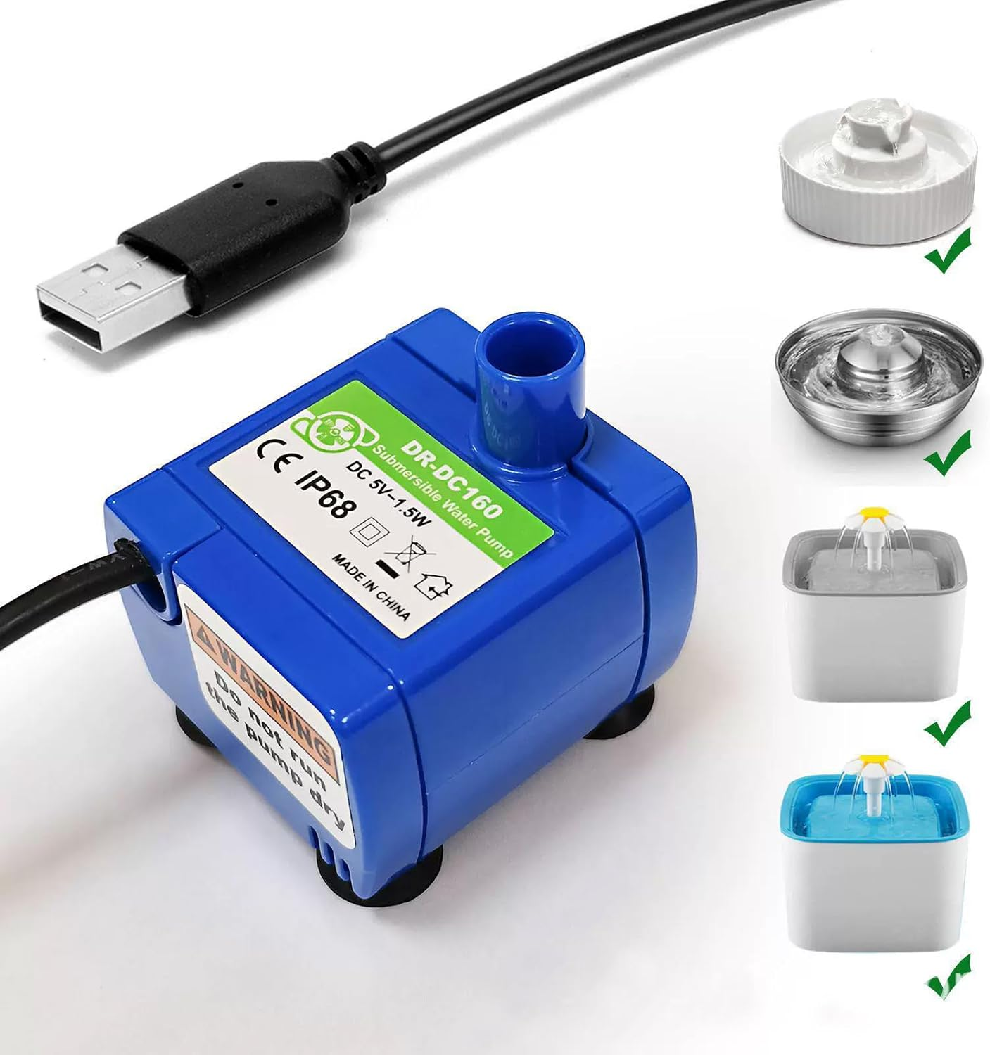 Cat Water Fountain Pump,Pet Fountain Replacement Pump DR-DC160 Motor for 360&deg;Stainless Steel Cat Fountain and Cupcake Ceramic Drinking Fountain (No LED) image number 2