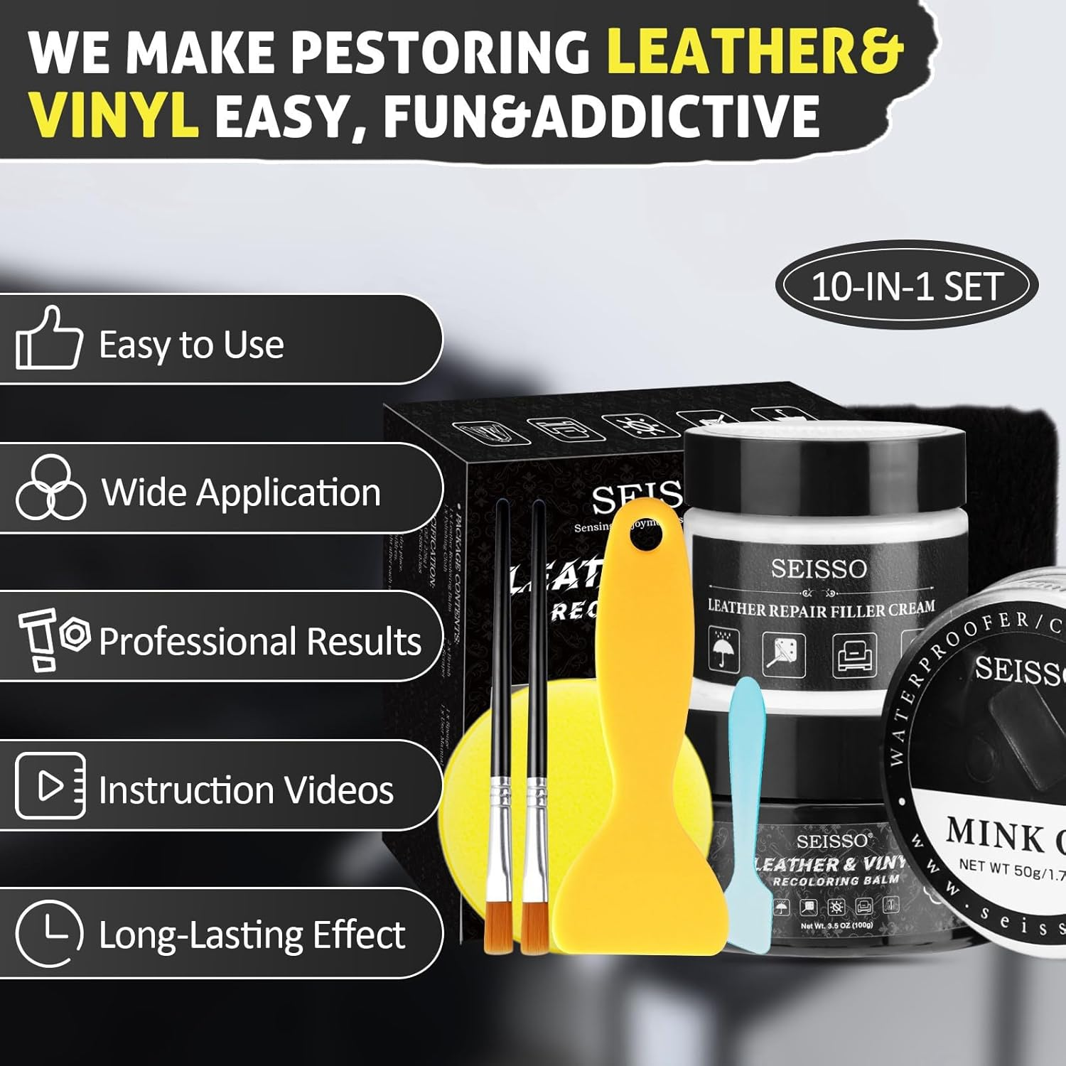 SEISSO Dark Black Leather Repair Kit, Recolouring Balm Restore Furniture Scratches and Fading with Mink Oil for Car Seats Sofas and Shoes image number 2
