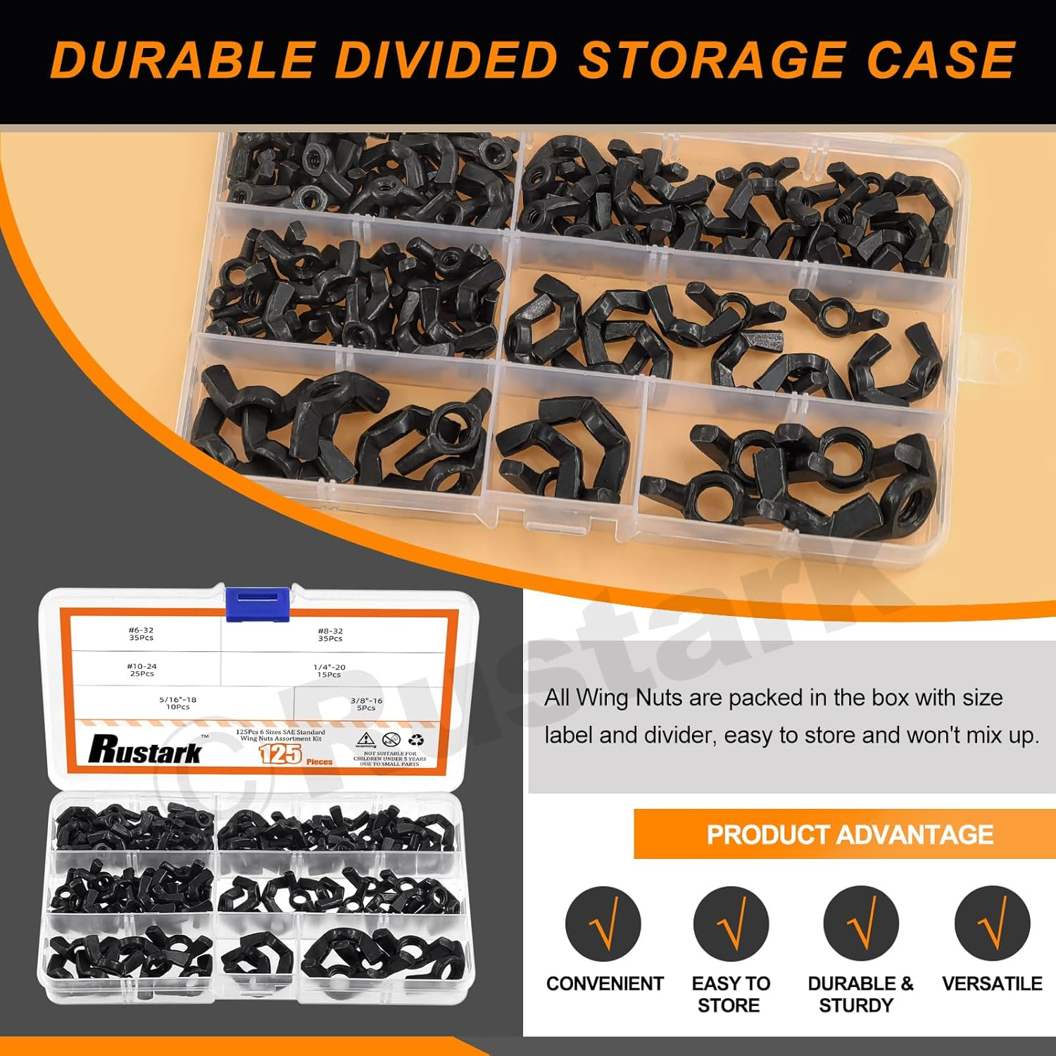 Rustark 125Pcs 6 Sizes Black SAE Zinc Plated Butterfly Wing Nuts Assortment Kit Butterfly Wingnuts Carbon Steel Wing Nuts Hand Twist Secure Fasteners for Industrial Machine image number 6