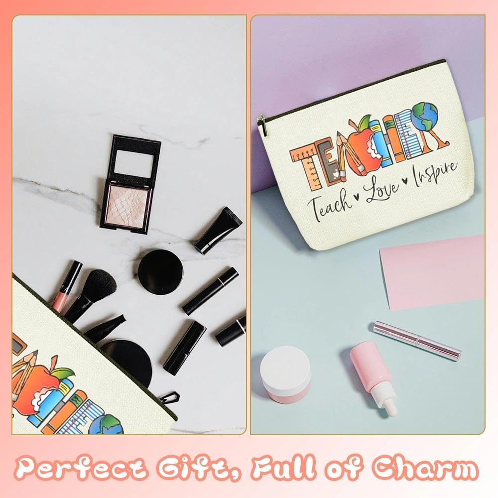 Teacher Inspirational Gifts Makeup Bag for Women Teacher Design with Teach Love Inspire Canvas Cosmetic Bags Travel Toiletry Pouches for Teachers Appreciation Back to School Christmas Birthday Gift image number 1