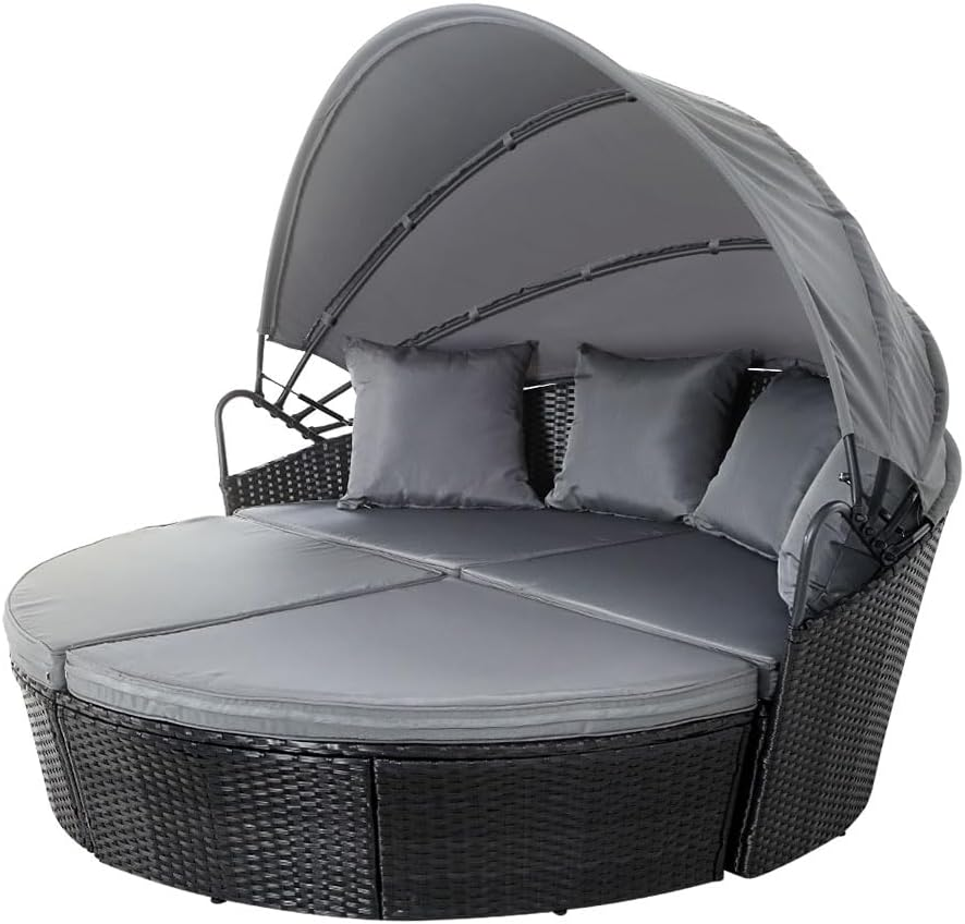 Gardeon Sun Lounge Camping Chair Wicker Folding Day Bed Rattan Lounger, Beach Chairs Sofa Outdoor Furniture Garden Patio Setting Pool Backyard, with Canopy Cushion Pillow Modular Design Black Set of 3
