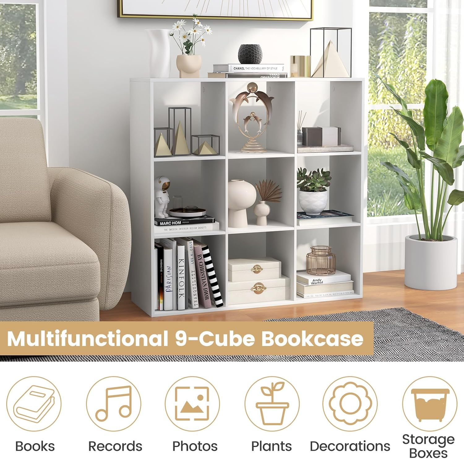 Giantex 8-Cube Bookshelf, Modern Cubby Bookcase with Back Guardrail & Anti-Tipping Kits,5-Tier Freestanding Open Storage Organizer with Shelves for Living Room, Bedroom, Study, White (9-Cube) image number 3