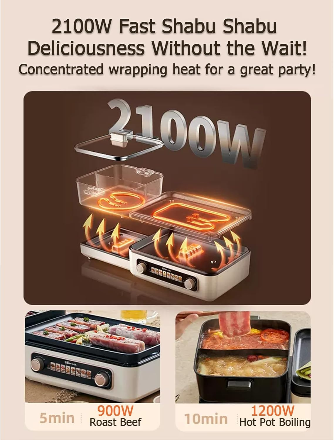 BEAR Electric Grill with Hot Pot, 2-In-1 Folding Korean BBQ Grill Indoor & Shabu Shabu Pot, Removable Hotpot Pot & KBBQ Grill, Non-Stick, Adjustable Temperature, 2100W image number 5