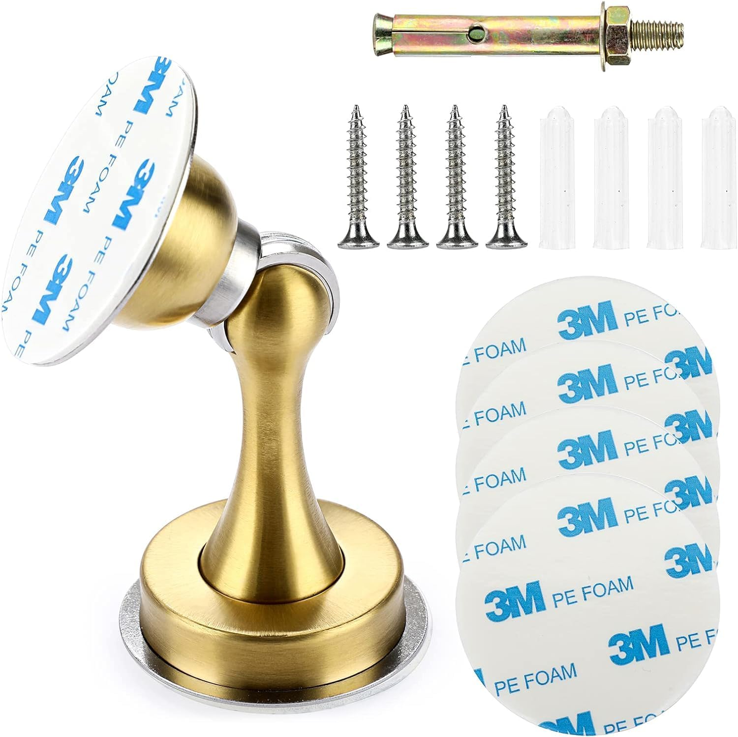 Magnetic Door Stopper, Heavy Duty Stainless Steel Door Stop Holder Come with 4 Pcs 3M Double-Sided Adhesive Tape & Hardware Screws,Install with Adhesive Tape or Screws on Floor Wall (Gold)