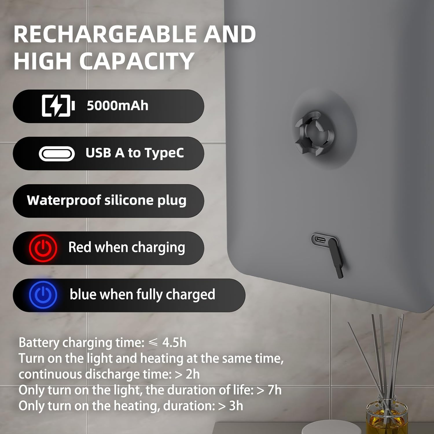 Bgick Lighted Anti-Fog Shower Mirror for Shaving - 3 Color Modes Dimming Fogless with Light, 360&deg;Rotation, Rechargeable Shower Mirror with Storage Tray & Razor Holders & Shaving Brush Holders (Grey) image number 6