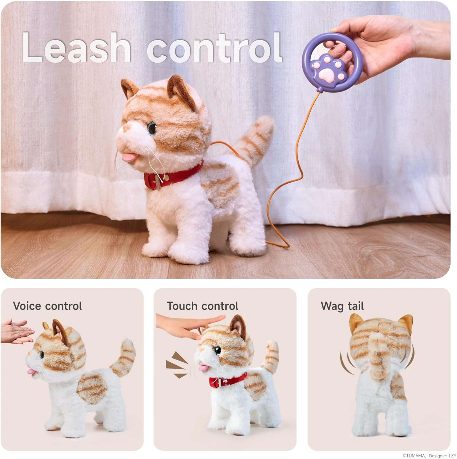 OR or TU Walking Talking Toy Cat with Remote Control Leash, Plush Pet Electronic Interactive Toys for Kids, Wag Tail, Singing, Pretend Dress up Realistic Stuffed Cat Age 3 4 5+ Years Old Best Gift image number 3