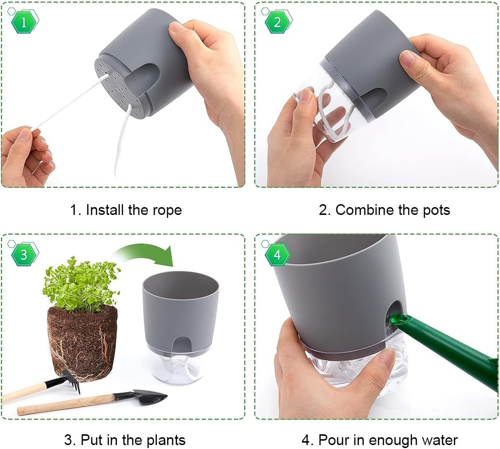 Self Watering Planter Pots for Indoor Plants, 3 Pack African Violet Pots, Succulents, Herbs with Wick Rope (Grey, 13.8X10.5Cm) image number 4